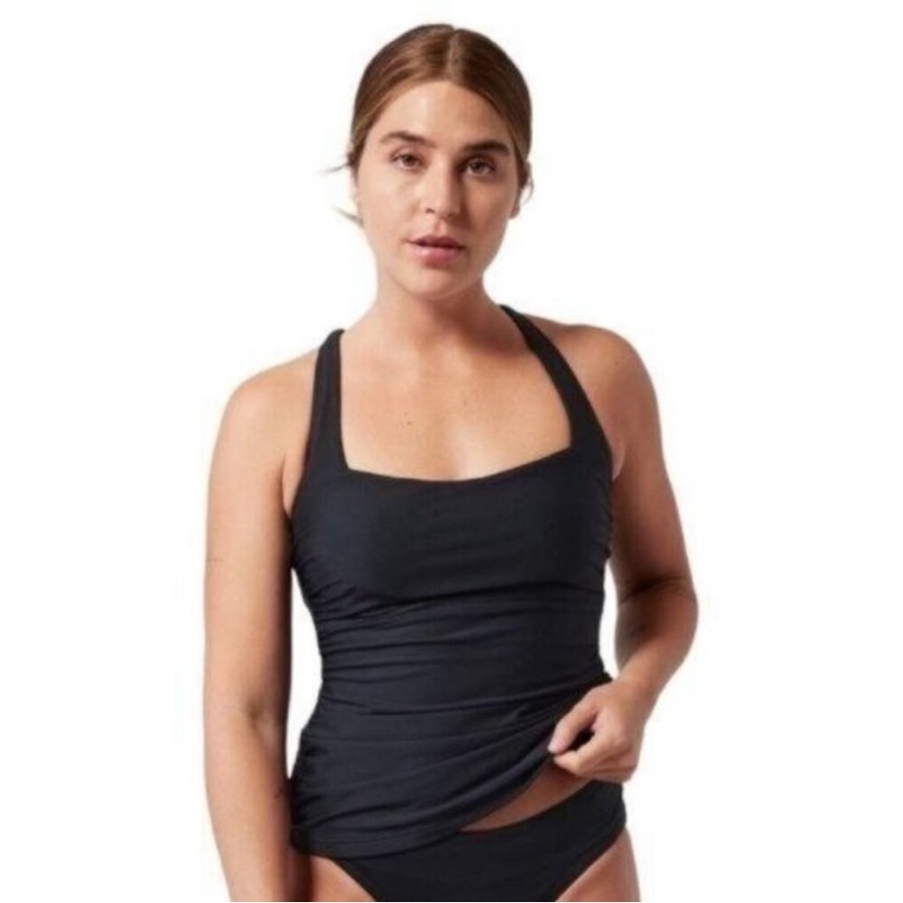 Athleta Square Neck Bra Cup Swim Tankini Top Black UPF 50 32 B/C New